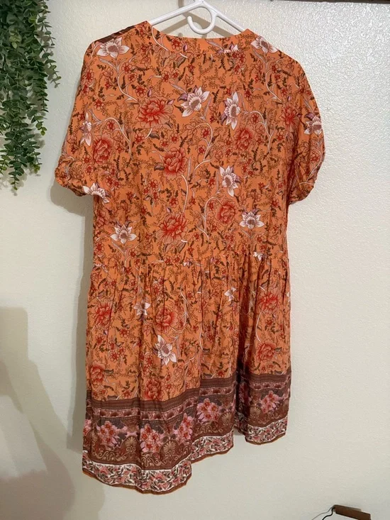 Boho Mini Dress Rust Floral Paisley Cottagecore Western Festival Summer Large - Picture 9 of 11
